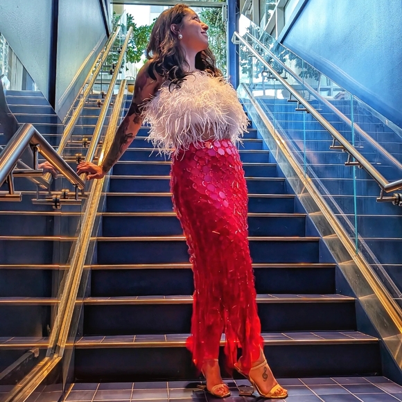 ASOS EDITION ♥️ Futurist sequin embellished fringe hem maxi skirt in red - Picture 6 of 6